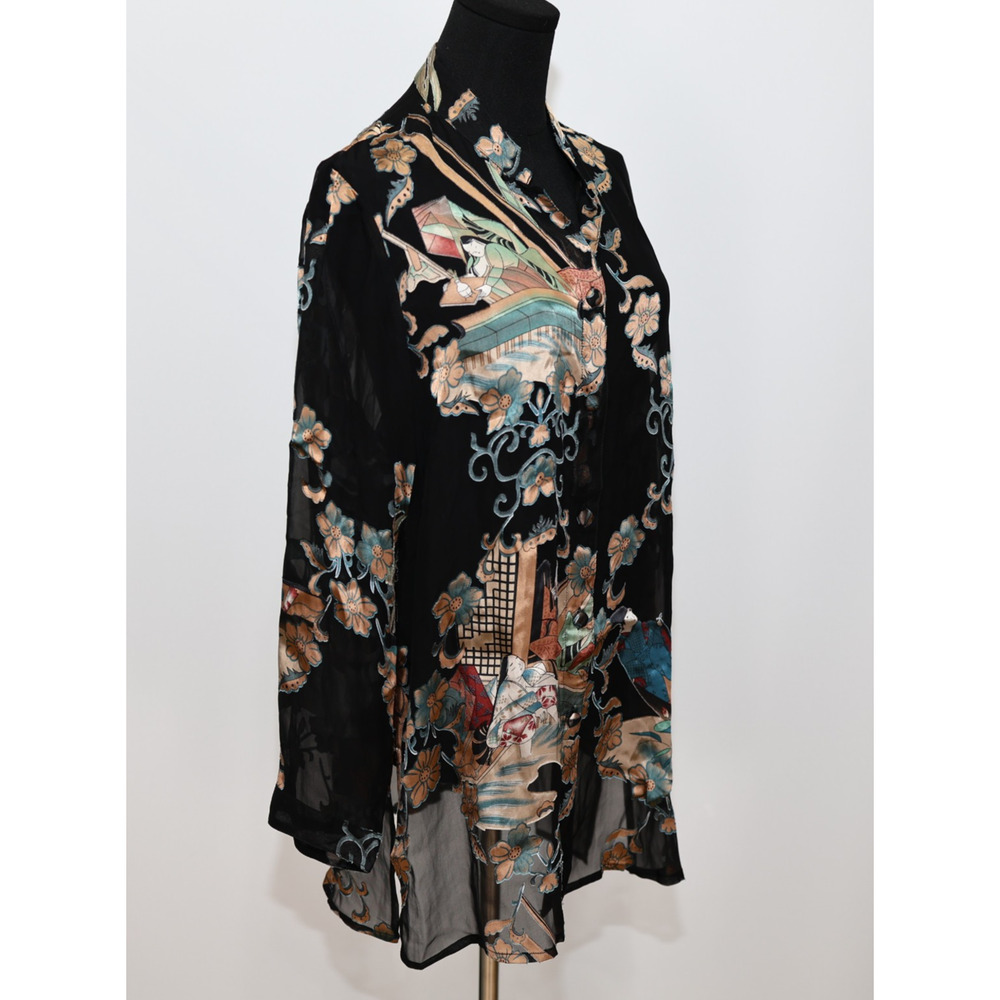 A4 Auth CITRON Santa Monica Floral Black Damask Silk Long Tunic Top Blouse Sz M - Picture 4 of 9